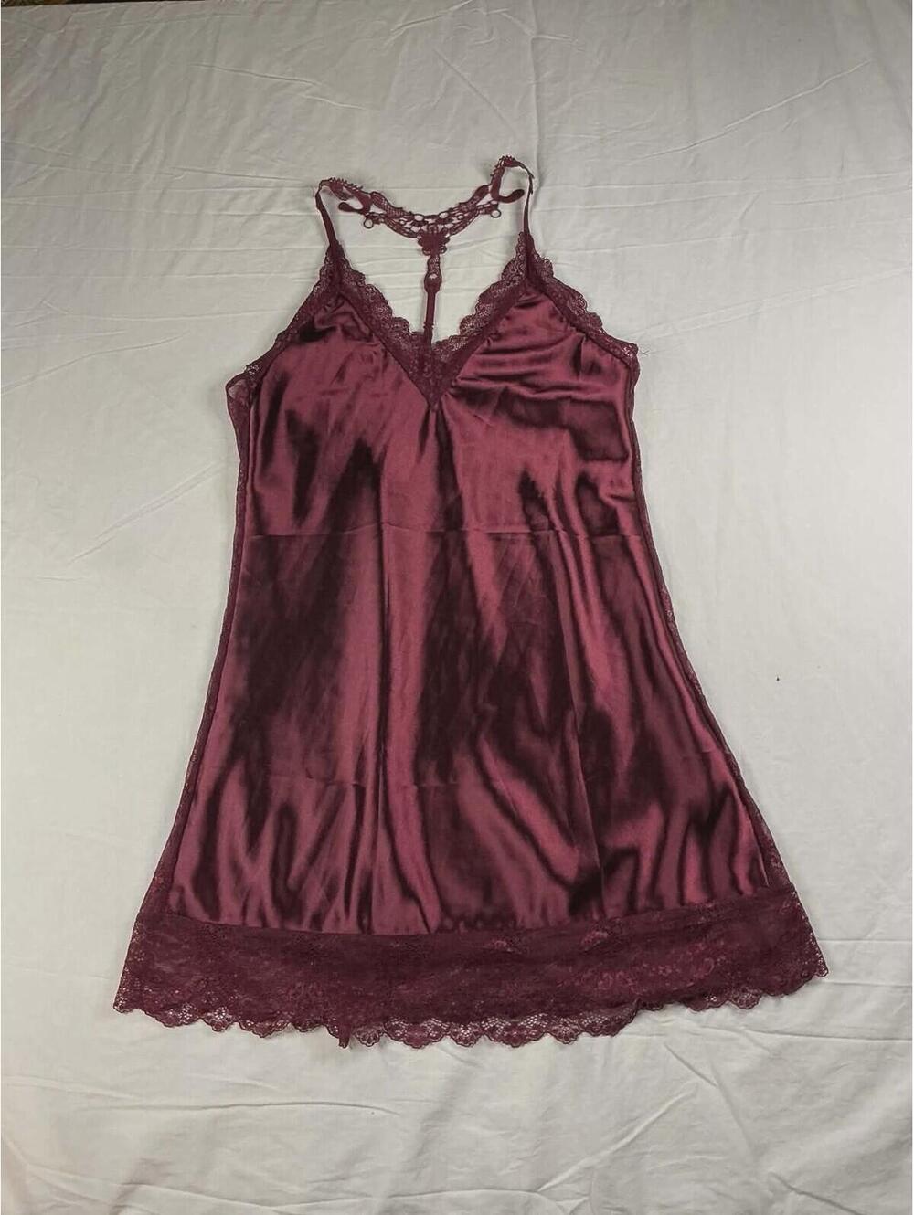 🍷 Avidlove Satin Lace Chemise Nightgown Burgundy Sleeveless V-Neck Size S 🍷